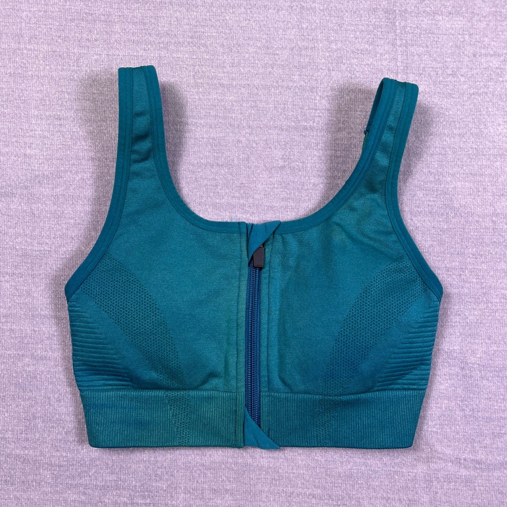 All in Motion Zip Front High Support Sports Bra Womens Small Teal Nylon Spandex